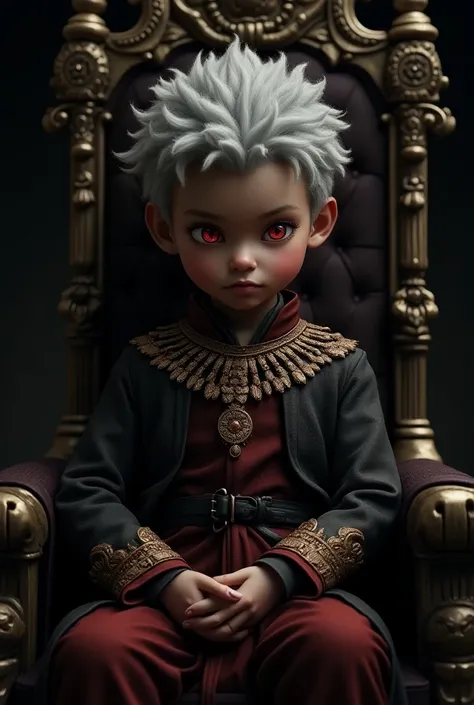 A young mixed-race ,  boy with gray hair and red eyes in royal attire sitting on a throne 