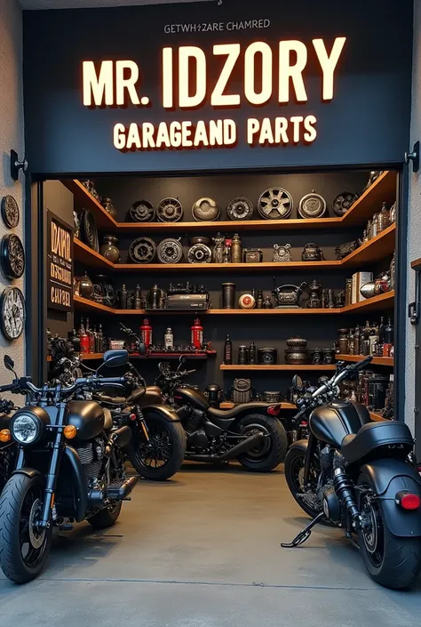 Create an image of a modern motorcycle spare parts shop named MR IDZORY GARAGE AND SPARE PARTS. The shop has a prominent sign with the name displayed clearly. Inside, showcase a variety of motorcycle parts, including engines, wheels, and other components