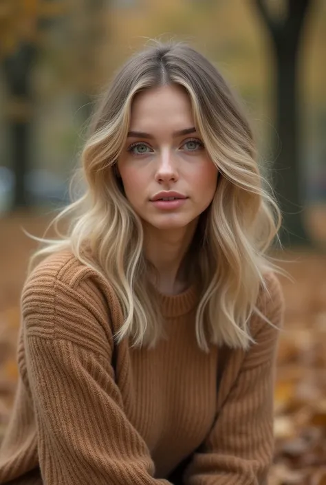 Hair: "Blonde woman with medium-length wavy hair" Eyes: "Green eyes" Skin Tone: "Fair skin with a soft glow, reflecting a youthful and fresh complexion." Facial Features: "Her face is slightly oval-shaped, with a tender and youthful appearance, suggesting ...