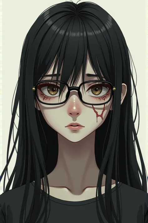  14-year-old girl Black long hair,  background, light skin, There is a scar on her cheek , glasses for vision.  She has a tired look . big nose.  Ugly appearance .  Lowered eye shape 