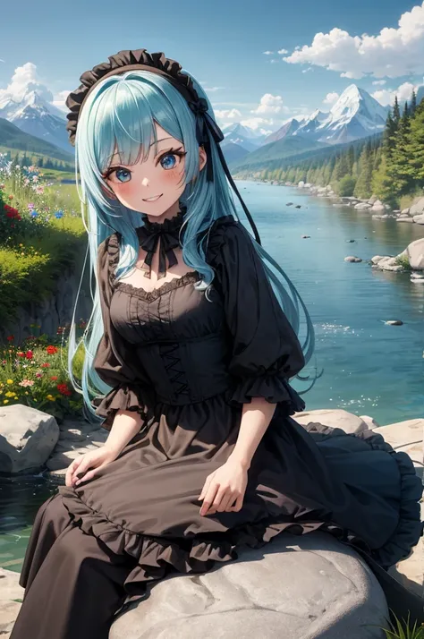 masterpiece, Best Quality,  1 girl, (Alone),  medium shot of a 25 year old woman sitting on a stone in the background  ,  blue hair, Long Hair,  Medium Shot,  medium breasts,  Viewers,  charming smile , river, Gothic Lolita Remake 、nature, flower, Mountain...