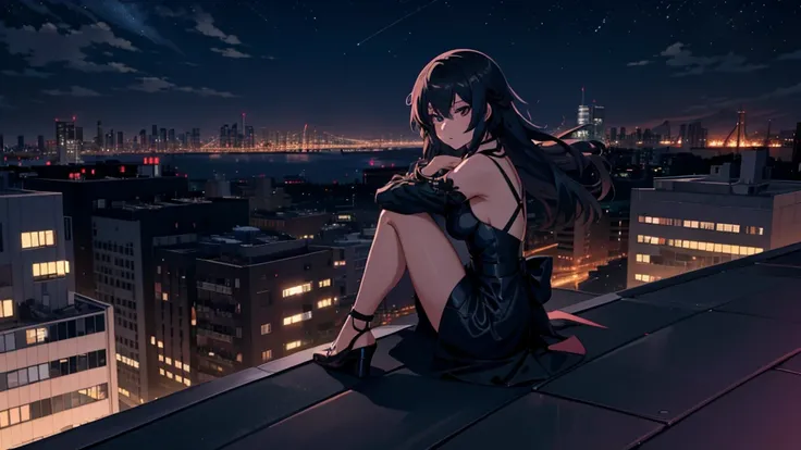 anime girl sitting on a ledge overlooking a city at night, sits on a rooftop, on a rooftop, anime girl wearing a black dress, seductive anime girl, overlooking a modern city, city in the background, in a rooftop, sitting on a skyscraper rooftop, beautiful ...