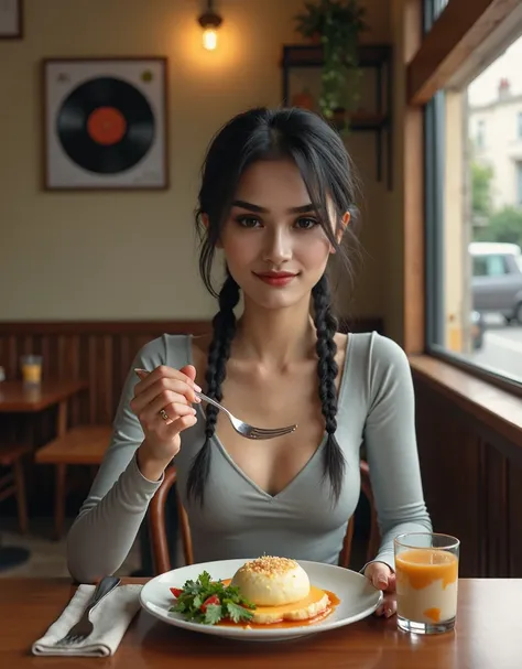 A young woman is seated at a cozy, rustic cafe, holding a fork delicately in front of her mouth. She is dressed in a light gray, form-fitting, long-sleeve top with a low neckline, and her hair is styled in two neat, braided pigtails. Her makeup is natural,...