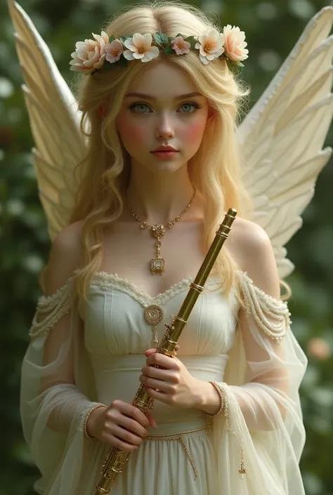 a goddess of music. shes wearing an old fairy dress that covers her body. she has green eyes but has an eyepiece, silky gold hair, she has swan wings, pale, she must hold a flute and wear a flower on her head and a music note necklace