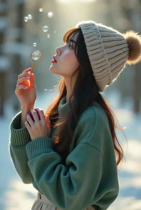 Close-up of a beautiful Japanese woman 20 tilting her head up, watching soap bubbles float from her short bubble wands coin-sized loop near her lips. One hand holds a small purple cylindrical cup. She wears a green sweater, white pants, and knit beanie. Wa...