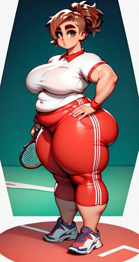 Woman. 1.76m tall, 117kg weight. Humongous plump breasts that sit high on her chest. Plump thighs and calves. Wide, flat butt. Thick arms. Thick eyebrows. Reddish brown hair, bangs that frame her face. Big eyes. Henley shirt and Chino pants, tennis shoes. ...