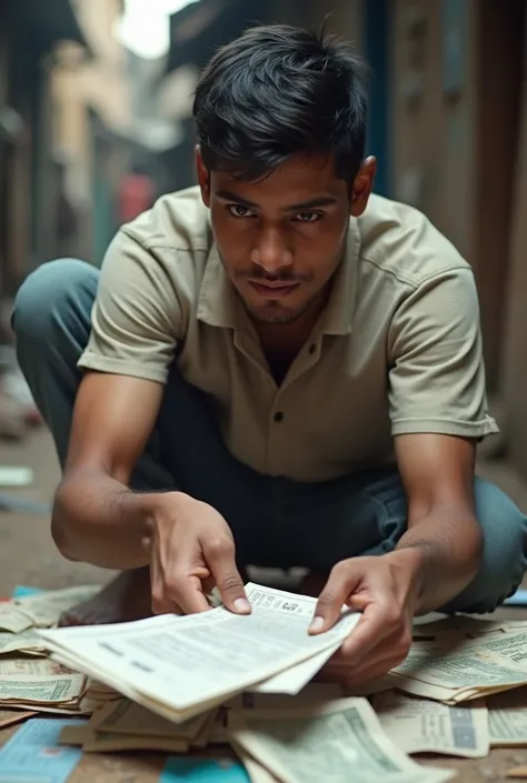 Man 20 - 30 age is collecting the useless  credit card bills in India
