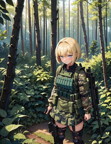  1 girl,  shortcut, Blonde,  blue eyes, Bob Hair,  Blushing ,  frowns, Awkward, metallic dark green camouflage military uniform, mini skirt, Very Small Breasts ,Background forest, wide angle shot ,Im wearing a plate carrier, assault rifle 