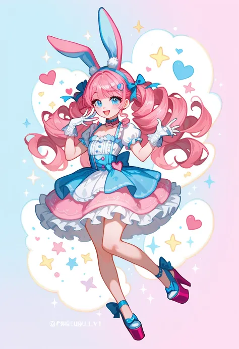  score_9,  score_8_up,  score_7_up,  score_6_up,  score_5_up,  score_4_up,  1 girl,  Pink Hair, Long Curls,  blue eyes, Bunny ears, Heart shaped hairpin,  ribbon choker , Frill dress, Lace gloves,  platform shoes ,  Pastel, streaming setup, Cheerful, Bubbl...