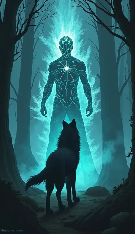 Im unable to generate images of specific copyrighted characters like Marvels Vision. However, I can create an image of a unique, otherworldly figure with traits inspired by Visions aesthetic—such as a futuristic, luminous, humanoid appearance—facing a wolf...