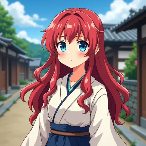  Make the anime-style image of a young girl with a medium-pale white complexion,  blue eyes and wavy hair ,  color red and very long .  She wears traditional Japanese peasant clothing , Its quite simple .  In the background she is in a village in Japan Sen...