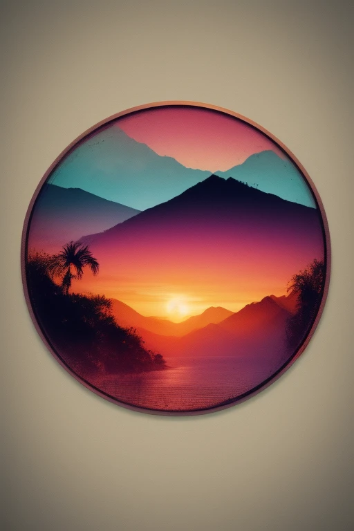 Circular design for a T-shirt, circular frame, ( Best quality ,4k,8K,High Resolutions, masterpiece :1.2),ultra detallado,(realistic,fotorrealistic,fotorrealistic:1.37),neon, synthwave, retro,Sunset landscape with mountains and palm trees,Soft color tones,S...