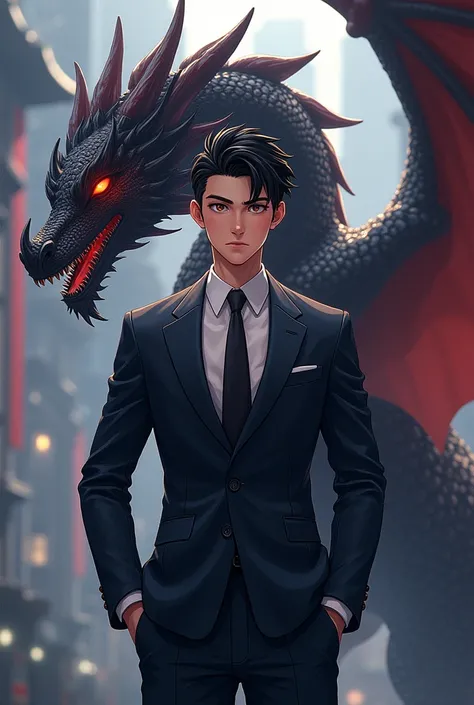 prince of king dragon white smart young human anime version wear mafia suite two block hair colour black behide have king of dragon animal version stand