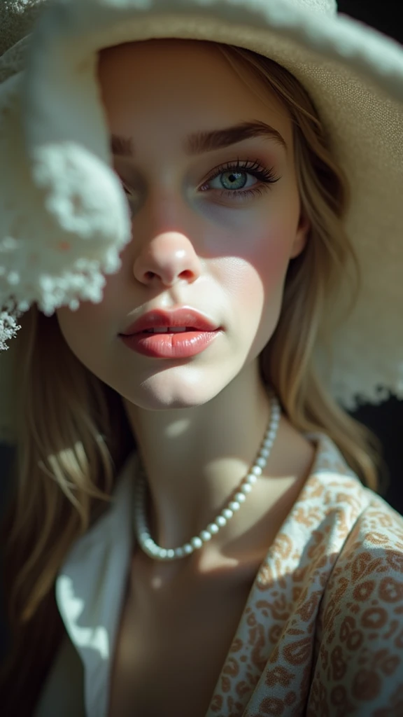 A close-up portrait of a young Caucasian woman with fair skin, light-colored eyes, and full lips. She is wearing a large white hat that partially obscures her face, creating an elegant and mysterious look