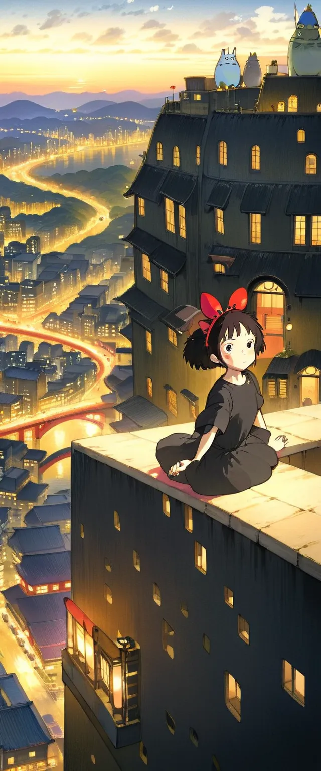 girl dressed in black sitting at the edge of a skyscraper,   studio ghibli  ,kiki,kiki, cityscape,  super high image quality ,8k...