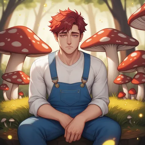 1boy, male focus, fireflies, mushroom forest, purples and browns, magical, white shirt, overalls, short hair, sitting, tired,  , perfect face,  autumn, red hair,  mushroom, iridescence, light particles, extremely beautiful and delicate, mature, lineart,  c...