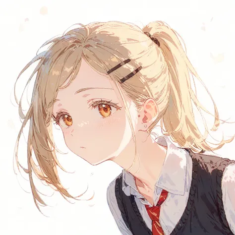 shinosawa hiro,slender, Amber Eyes ,White eyelashes, blond hair,Long Hair, hair clip that invites you with your hand,White background, flat chest,tie,Black vest, ponytail,