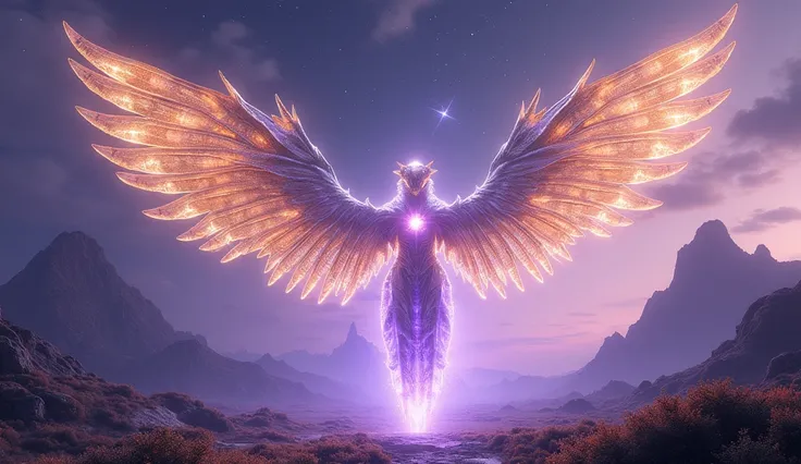  In a vast alien landscape ,  the majestic creature  "Luminaris "  floats over a valley illuminated by ethereal tones . Its giant wings ,  made of golden crystalline filaments ,  sapphires and violets ,  casting geometric shadows the ground covered with lu...