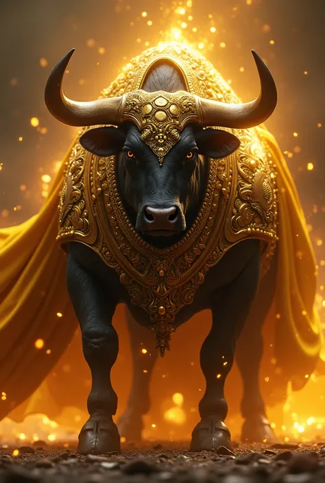 a black bull, golden armored suit, shining golden aura, golden jewelry, sharp horns, full fingers, aggressive and powerful stance, dramatic lighting, cinematic composition, detailed textures, photorealistic, 8k, hyper detailed, vibrant colors, high contras...