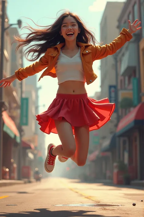 A girl in mini skirt jumping