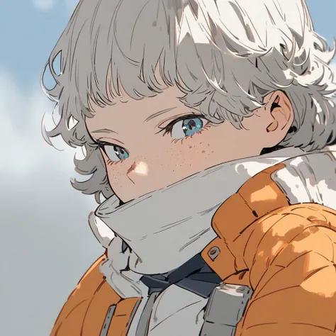 A girl with gray hair ,  her skin is white with small freckles ,  his hair is short and wavy ,  Her body is thin and she looks at the spectator while wearing the UA uniform of Boku No Hero Academia.  Her eyes are orange .