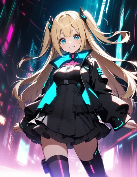 1girl,two side up,long hair,blonde hair,medium breasts,fusion of glowing cyberpunk jacket and gothic lolita,turquoise eyes,tareme,smile,