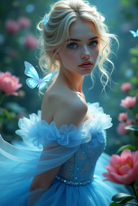  A woman, tender,  extremely beautiful with blonde hair and blue eyes,  luscious lips , Lip gloss, little nose, adresse lumineuse phosphorescente, avec une robe de princesse bleue,  with sparkling crystal butterflies  , in a magical flower garden 