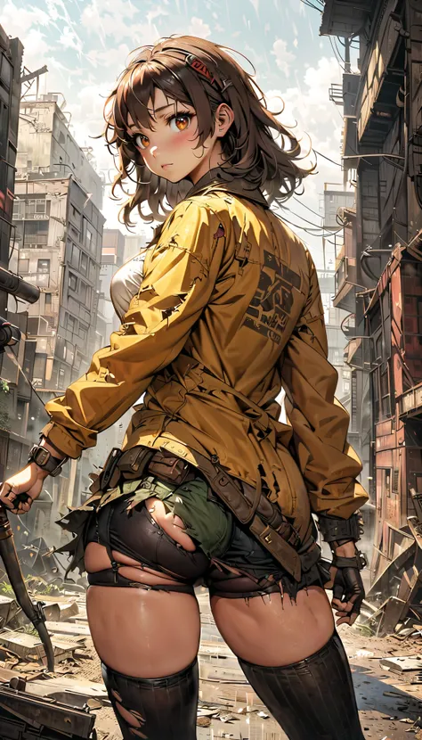 An adorable teenager high school girl with long brown hair, amber eyes, big breasts, thick thighs, torn white blouse, torn yellow cardigan, torn black stockings, torn green skirt, torn red ribbon, war background, abandoned factory, broken windows, moist, a...