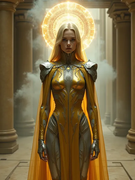 An enigmatic cyborg woman dressed in gold and silver robes, standing in a temple-like setting. Subtle cybernetic enhancements glow softly under her skin. Behind her head golden halo with white and golden mist floats, evoking an aura of divinity and technol...