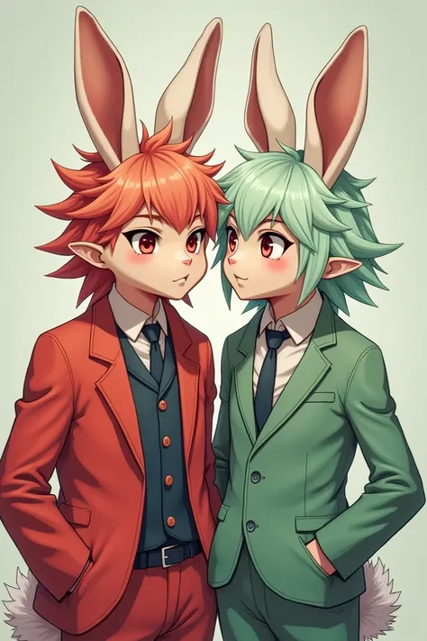 Rabbit boy with pale red hair and rabbit ears and red eyes with white pupils and a serious but funny face ,  wearing a killer costume but simple and his boyfriend a green haired rabbit with light blue and orange highlights in a soft suit but he is very per...