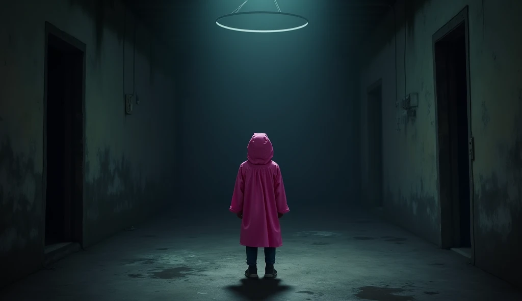 A six years old indian boy waring pink raincoat in dark room of house in rajasthan in 2016 dark and horror theme 