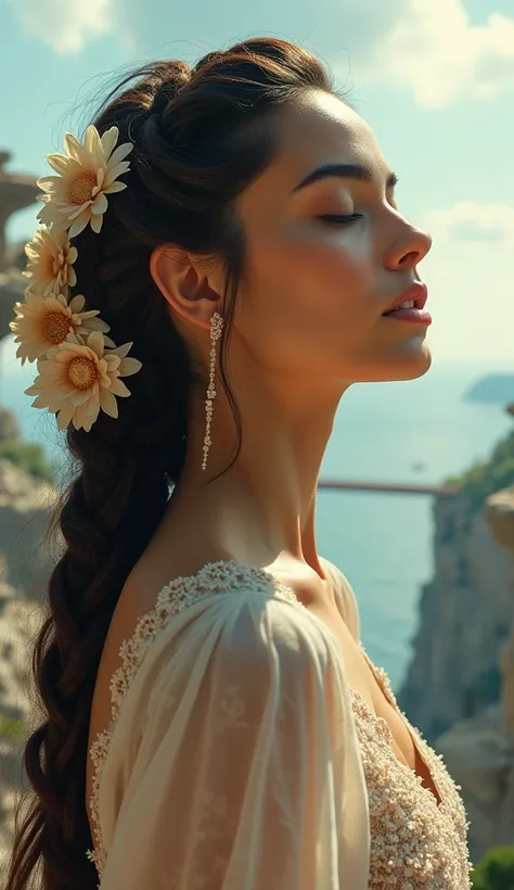 suggest me a  You Tube thumbnail idea for this of Salma Hayek woman with intricate braided hair adorned with delicate floral accessories. Her eyes are closed, and her facial expression is serene. The background depicts a surreal landscape with floating isl...