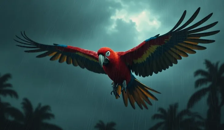 A determined parrot flying through a storm, undeterred by dark clouds and rain. The parrots feathers are wet, but it pushes forward bravely. Full HD, intense and dramatic."
