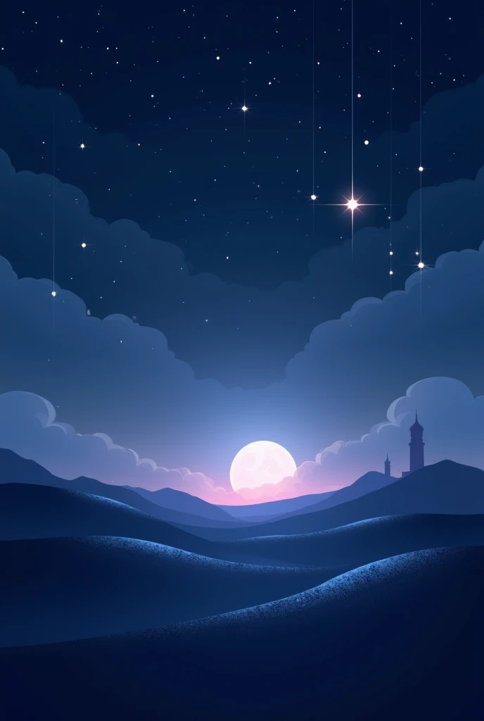  Create a calm and spiritual background for Surah An-Nas , using a night landscape .  The background consists of a deep dark blue or purple sky with soft stars,  symbolizing peace and divine protection .  In the foreground, you can place translucent silhou...