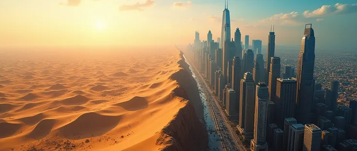 A visual transformation from desert to urban wealth, showing half the image as open desert and the other half as a bustling, wealthy city, with skyscrapers and landmarks, in vivid colors with a cinematic ChatGPT style.