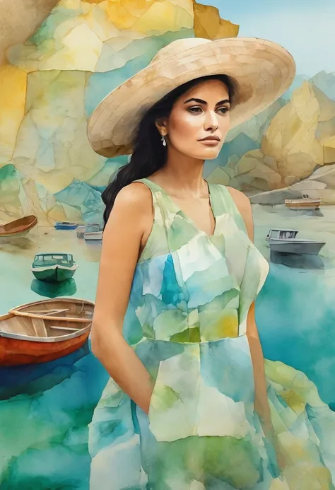 a beautiful Mexican woman posing, art paper painting with boats, seascape in the style of soft and dreamy, light blue, yellow and green, quirky collage, crystalline and geological forms, soft rough watercolours, digital collage, secluded settings 