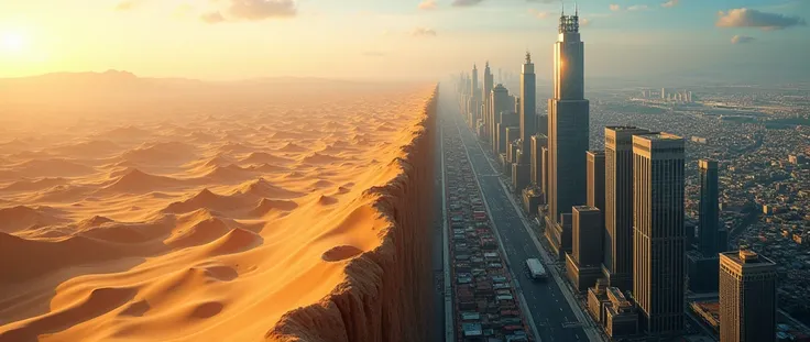 A visual transformation from desert to urban wealth, showing half the image as open desert and the other half as a bustling, wealthy city, with skyscrapers and landmarks, in vivid colors with a cinematic ChatGPT style.