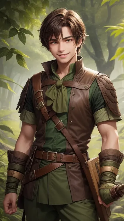 A 20-year-old young man with dark brown hair, always wearing a cheerful smile. He is dressed in green adventurers clothing, perfect for exploration or combat. He holds a bow casually in his hand, ready for action. His relaxed and friendly demeanor contrast...