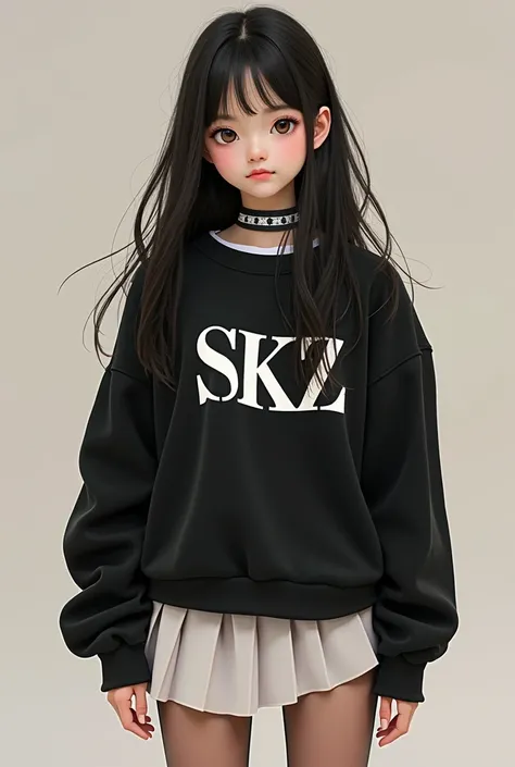 Draw one with long hair and black with brown eyes a black sweatshirt written skz a skirt a light skin tights