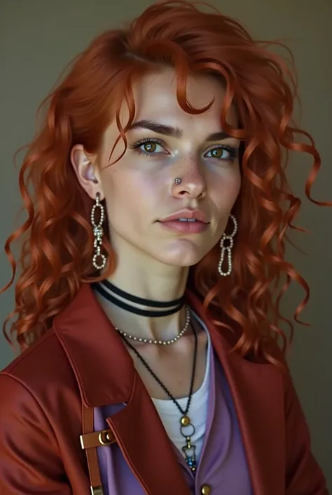 20 year old ginger girl with a nose piercing and long messy voluminous curly hair. Brown eyes, thin face, really thin lips, freckles and ear piercings. She has an ironic smirk and an alternative, revealing, red and purple outfit. The nose piercing is very ...