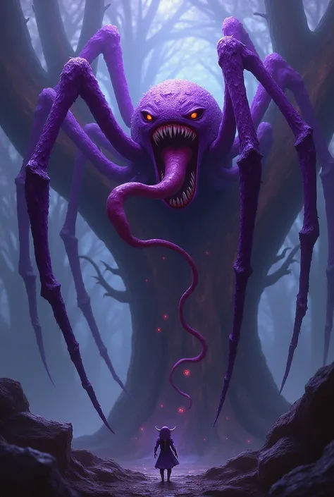 1 , 6-armed purple spider ,  , and red eyes,  with a big tongue sticking out of its mouth,  on a giant shiny tree .