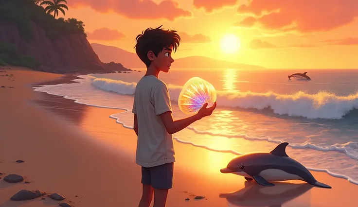 Heres the prompt used for the thumbnail:

"A thumbnail depicting a young man named Ravi on a beach at sunset, looking at a stranded dolphin he just saved. In the background, waves crash gently, and a mystical, iridescent shell glows in his hand. A dolphin ...