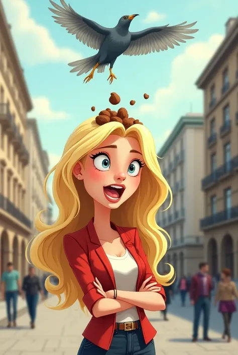 Blonde woman bird craps on her head cartoon 
