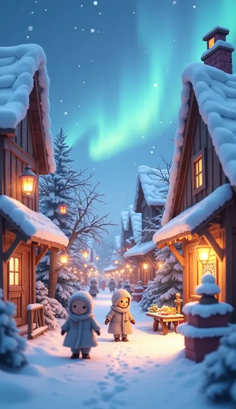 A charming winter village bustling with adorable baby villagers dressed in tiny, detailed snow-themed outfits, similar to that of the Snow Knight. The babies walk happily through the snow-covered streets, their outfits shining in the soft light of the crys...