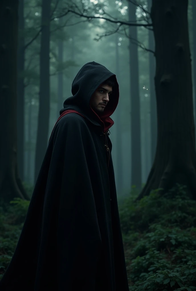 8d 4k image best quality Harry Potter in a black forest with a firefly around him with a black and red cape with a hood covering his head 