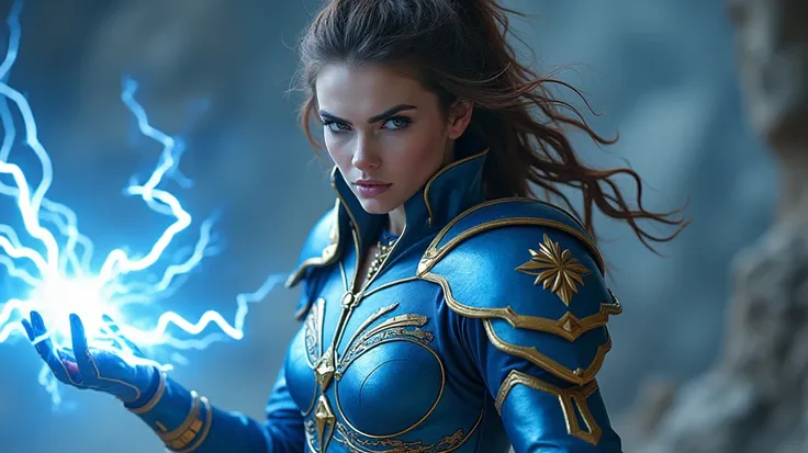 4k, masterpiece, highres, absurdres,, edgThunderstruck, a woman with a blue and gold armadura ,vestindo edgTrovoada_armadura, eletrificado, empunhando trovão,  