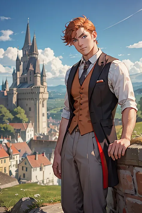 Photo-realistic. A pleased, tall, handsome, fit, 24-year-old Caucasian medieval prince, with short, fade-cut, burnt orange hair, and blue eyes, wearing a red and tan sleeveless vest, with gray trousers, standing on a castle wall, looking out to the distanc...