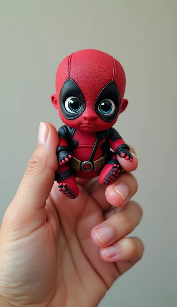  photorealistic , 8k, Deadpools baby perched on human fingers