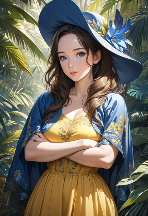 A girl in a yellow dress. navy blue embroidery. baby blue cloak. brunette hair and a navy blue hat. She has a sexy and attractive appearance. big and appealing breasts. standing in a lush and enchanting tropical jungle.The medium used to depict this artwor...