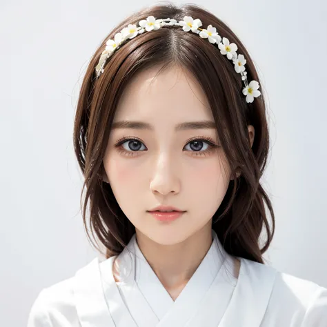 1girl, japanese, strong features, facial and hair details, realistic, white random formal attire, white background,